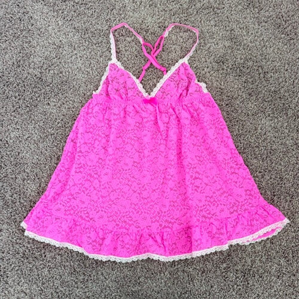 Victoria's Secret Pink Lace Babydoll Nightie Slip Women's Medium White Trim Bows